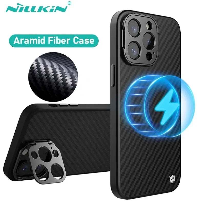 NILLKIN Magnetische Aramid Faser Fall Für iPhone 16 Pro Max Mit Ständer Anti-Drop All-Inclusive Für iPhone 15 pro Magsafe Fall