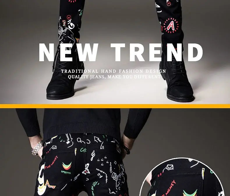 Luxury Mens Denim Pants Hip Hop Graffiti Print Jeans Designer Slim Fit Trendy Black Jeans Stretch Cowboy Cotton Trousers for Men