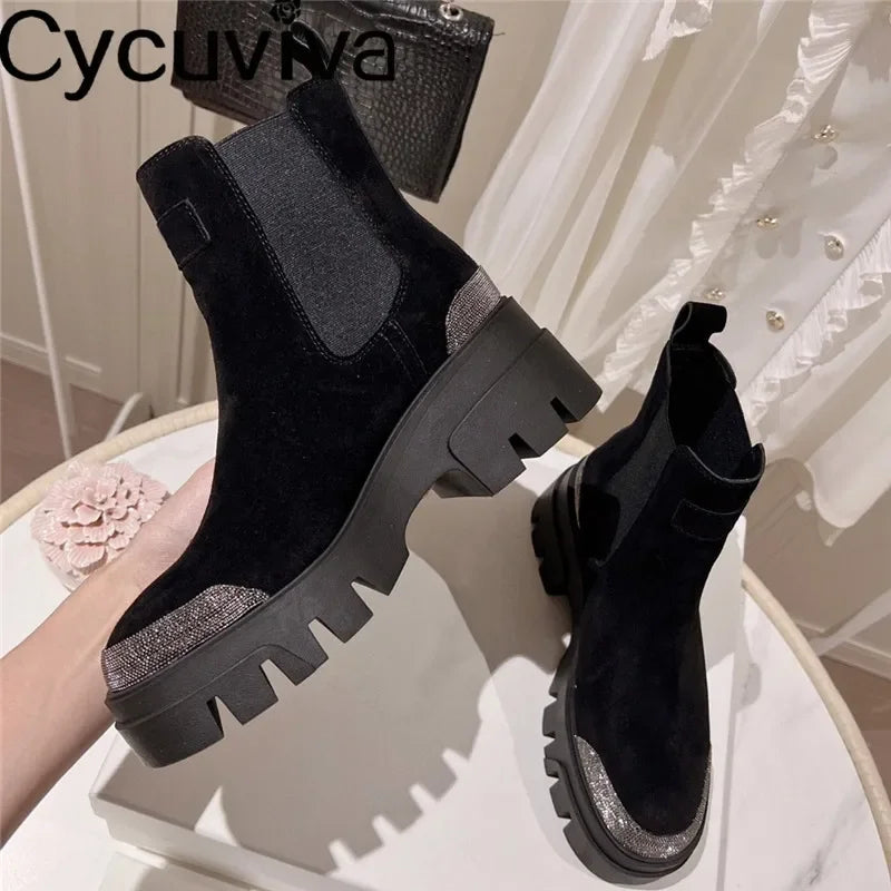 Autumn New Thick Sole Platform Chelsea Boots Women Rice White Suede Lace Up Mid Calf Short Boots Chunky Flat Heel Knight Boots