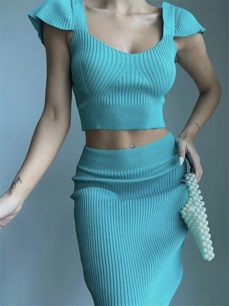 REALEFT Summer 2 Pieces 2024 New Sexy Women's Sets Knitted Tracksuits Ruffles Tank Tops and Knitted Wrap Pencil Skirts Female