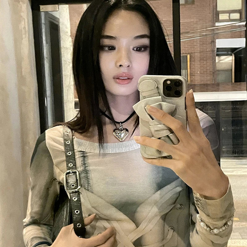 CUTENOVA Autumn Mesh Elastic Strappy Printed Blouse Round Collar Full Sleeves Shirt Harajuku Y2K Girls Slim Sheering  Tops