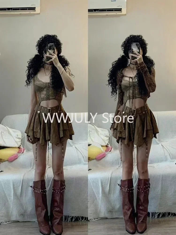 Harajuku Vintage Fashion 3 Piece Set Woman Short Cardigan + Slim Vest + Y2k E-Girl High Waist Skirt Hot Girls Korean Style Suit