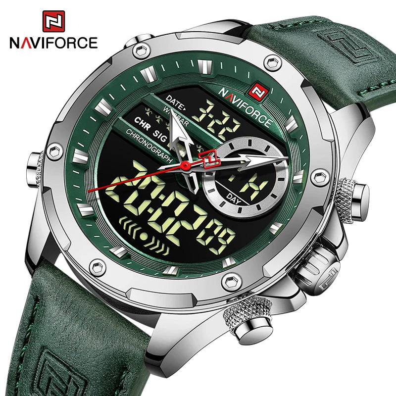 NAVIFORCE Mode Herren Casual Grüne Leder Uhr Militärische Wasserdichte Digital Chronograph Quarz Mann Armbanduhr Männlichen Wecker