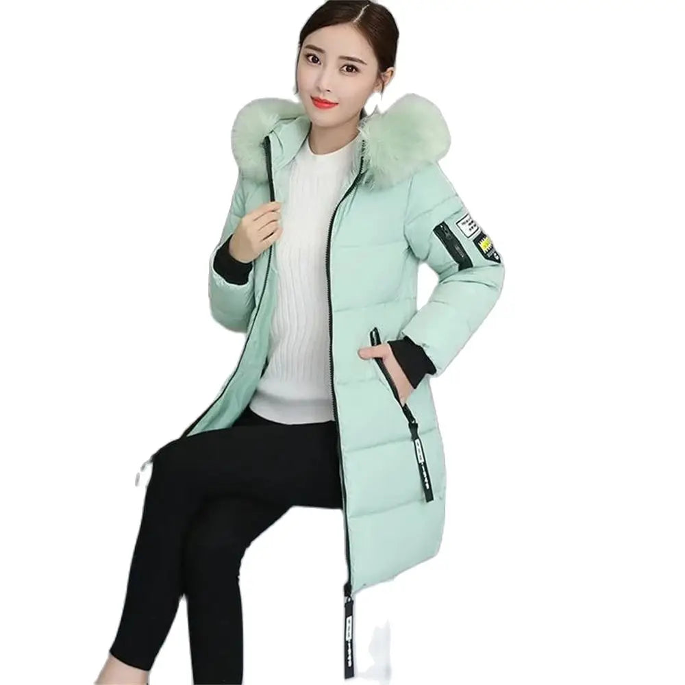 Winterjacke 2024 Koreanische Frauen Parka Große Pelzkragen Mit Kapuze Dicker Warmer Langer Weiblicher Mantel Lässige Outwear Daunenbaumwolljacke Parkas