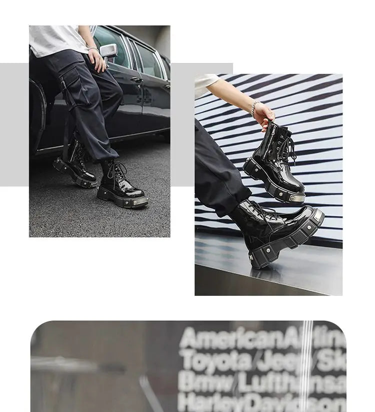 2024 Men's High Top British Style Thick Bottom Increased Bright Leather Black Motorcycle Round Toe Side Zipper Punk Boots Women