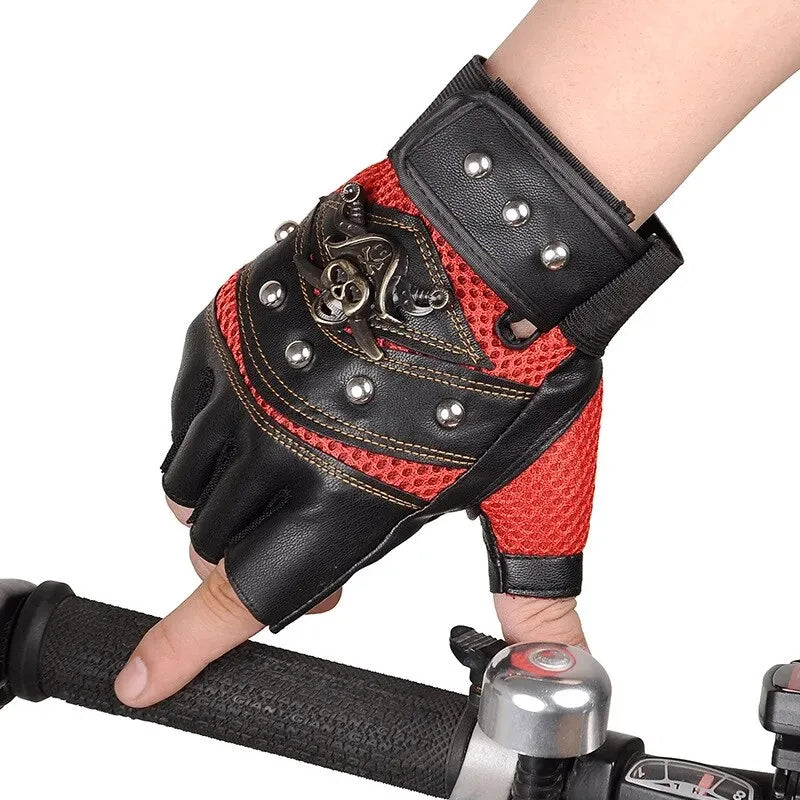 Pirate Captain PU Leather Fingerless Gloves Men Women Skulls Rivet Mitts Hip Hop Gym Gloves Female Moto Half Finger Gloves