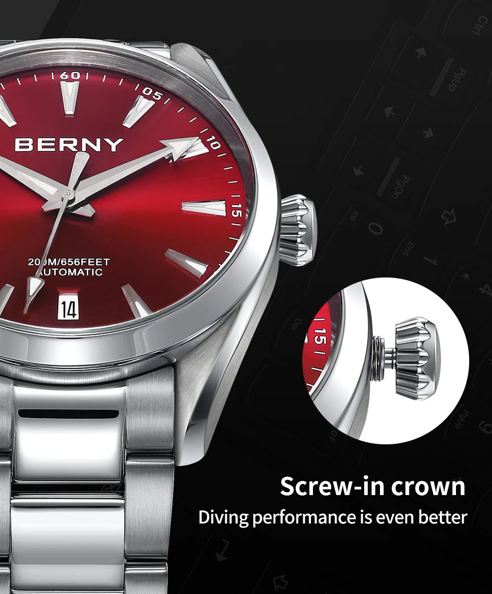 BERNY Automatic Watch for Men AR Sapphire BERNY NH35 Mechanical Male Wristwatch Stainless Steel Luxury 20ATM Waterproof Watches