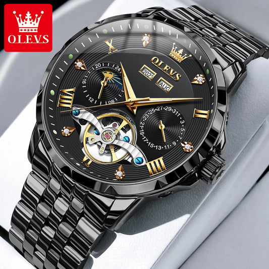 OLEVS 6691 Men's Automatic Mechanical Wristwatch Luxury Skeleton Flywheel Design Moon Phase Waterproof Original Brand Man Watch