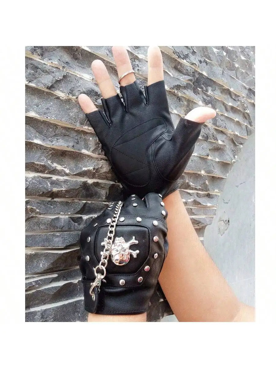 Skulls Rivet PU Leather Fingerless Gloves Men Women Fashion Hip Hop Women's Chain Punk Gloves Half Finger Men's Gloves