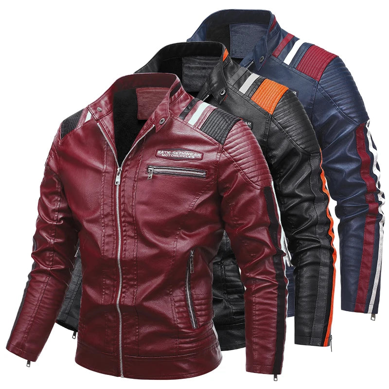 2023 Men Autumn Jacket Bomber Biker Zipper Motorcycle Faux Fur Coat Male Fleece Pilot Vintage Black Red Brown PU Leather Jacket