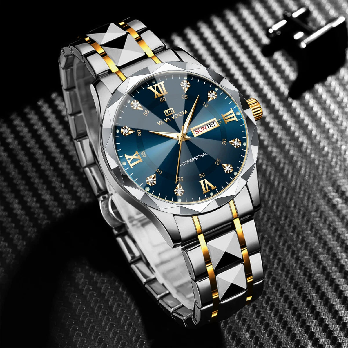 VA VOOM Fashion Men's Watches Waterproof Weekly Calendar Stainless Steel Business Night Light Top Brand Quartz Watch For Men