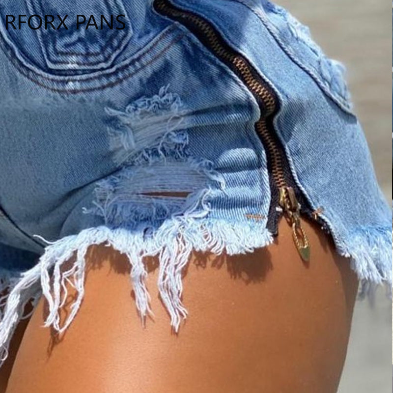 Women Chic Casual Solid Zipper Decoration Ripped Tassels High Wasit Women Denim Shorts