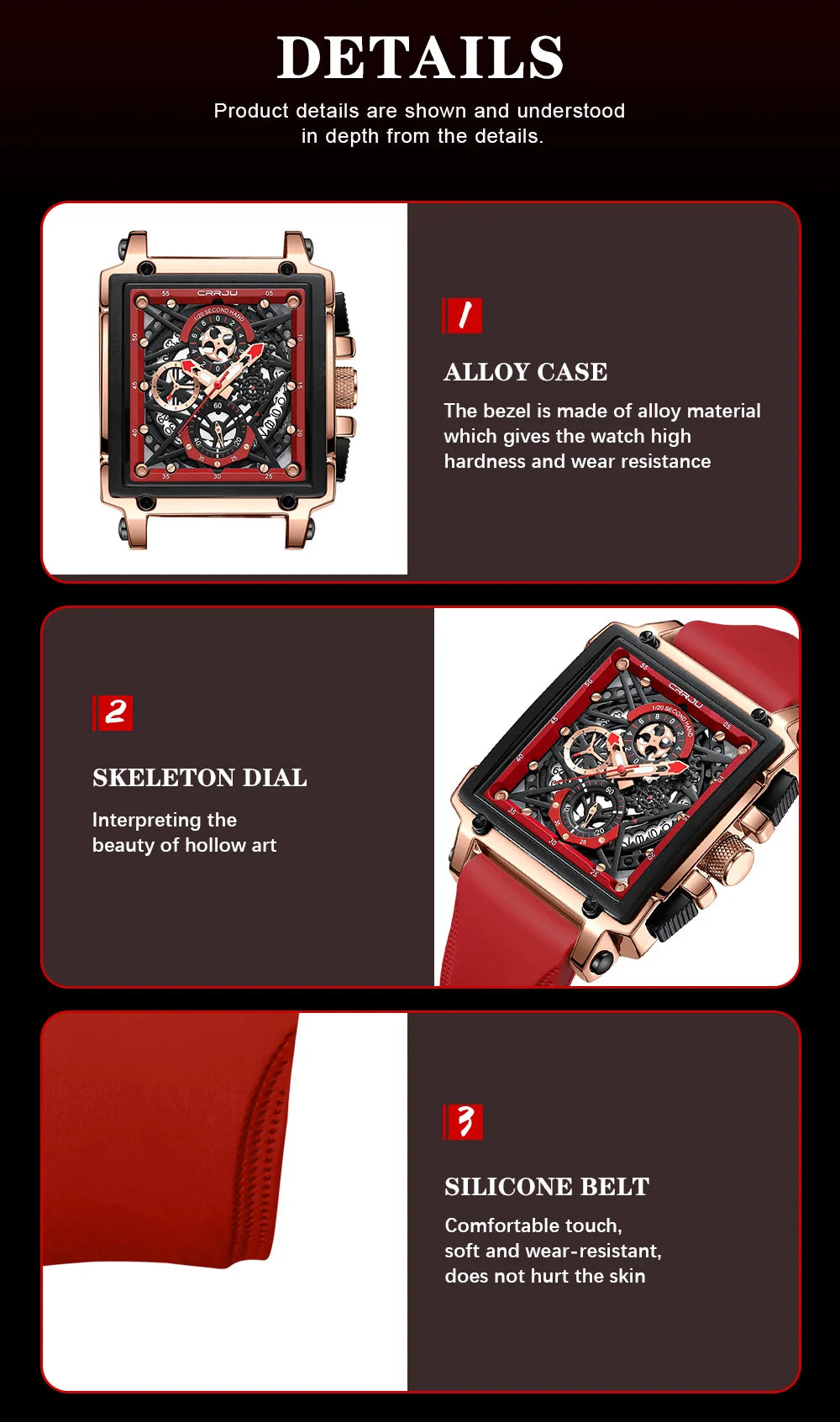 CRRJU Fashion Sports Watches with Large Dial Unique RectangularHollow Design Quartz Wristwatches with Chrongraph Auto Date