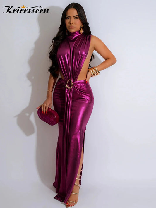 Kricesseen Women's Shiny Metallic Long Maxi Dress Glam Mock Neck Cut-Out Long Straps Party Dresses Clubwear Vestidos De Fiestas