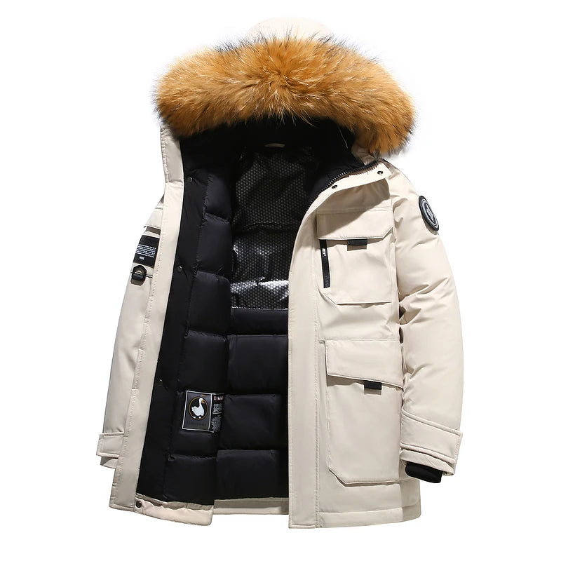 Black Down Jacket 2024 Winter Lined White Duck Down Hooded Fur Collar Jacket Casual Fashion Thick Warm Embroidered Design Parka