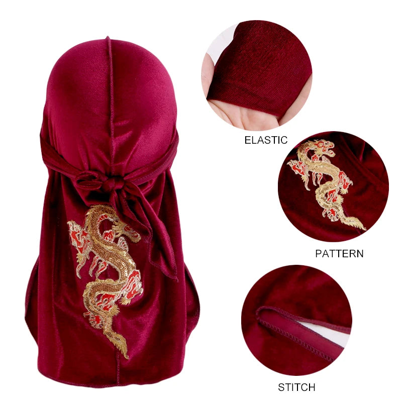 New China fashion Men's dragon pattern velvet Durags Bandanas Headwear Men DuRag Turban Hat Headband Hair Accessories Waves Cap