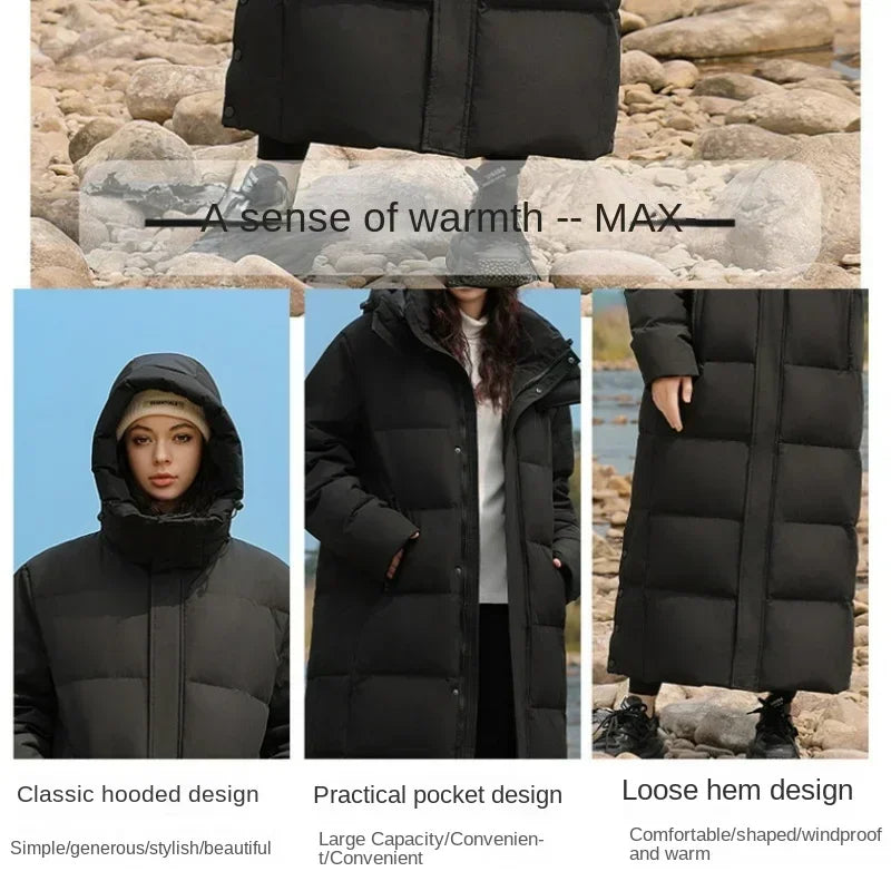 Light Luxury Goose Down Jacket Men's Women's Winter Fashion Hooded Long Over-the-Knee Parka Casual Windproof Male Down Jacket