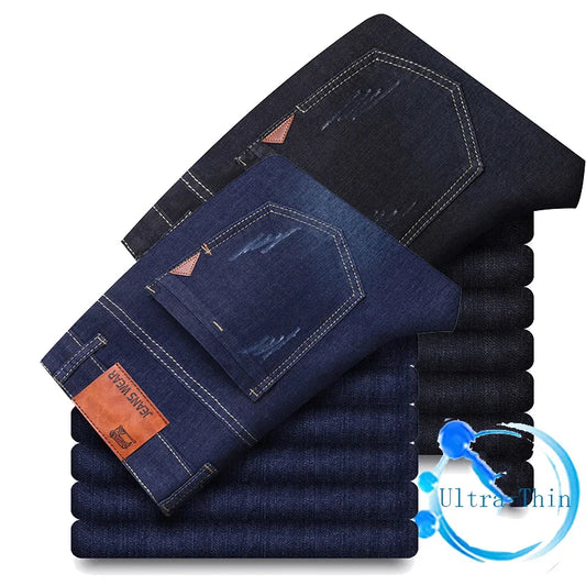 2024 New Ultra-Thin Breathe Stretch Jeans Men's Classic Business Slim Trousers Black Blue Straight Male Brand Clothing Pants