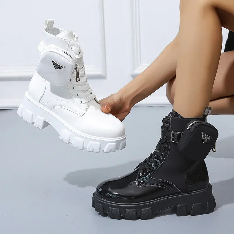 Women Boots New in Motorcycle Ankle Boots Wedges Female Lace up Platforms White Black Leather Oxford Shoes Women Boots