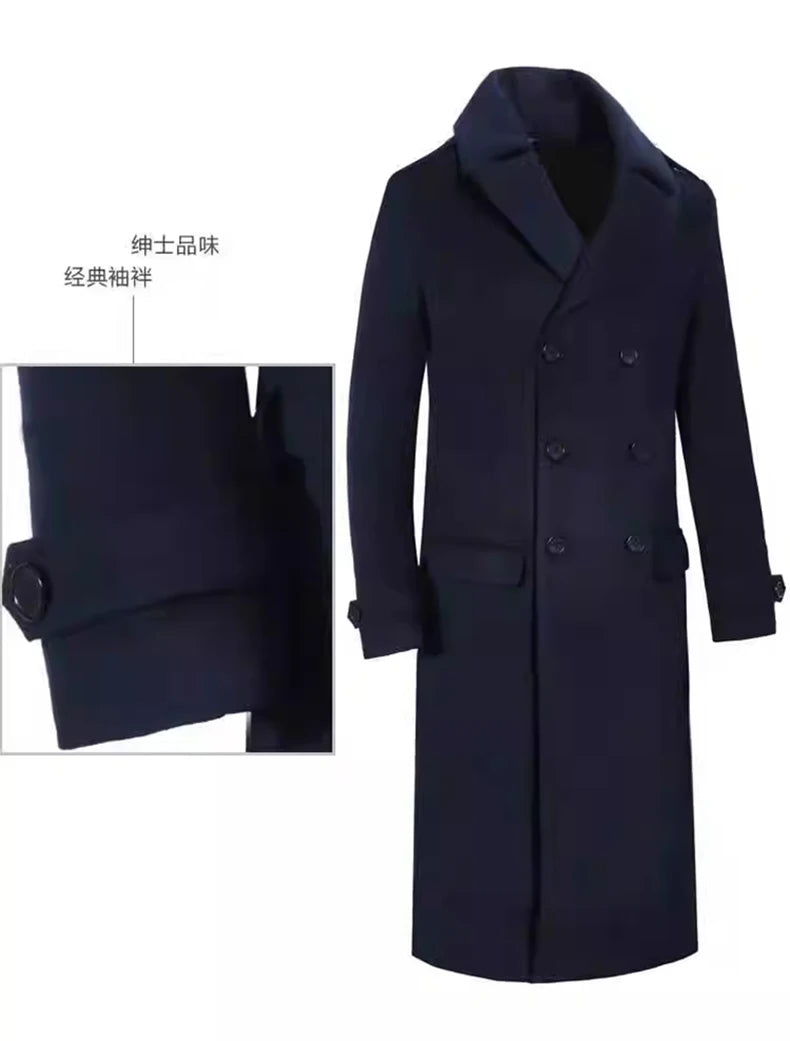 Mauroicardi Autumn Winter Long Warm Smart Casual Navy Blue Black Woolen Coat Men Double Breasted Luxury Wool Blends Overcoat