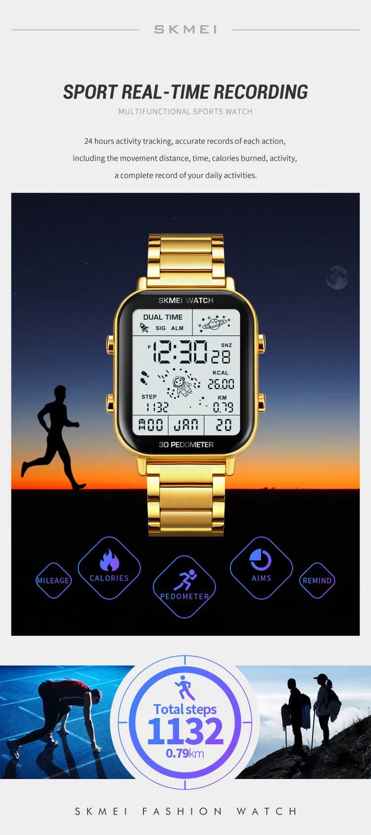 SKMEI Back Light Display Sport Pedometer Digital Watches Mens Stopwatch Countdown Wristwatch Calendar Calorie Calculation Clock