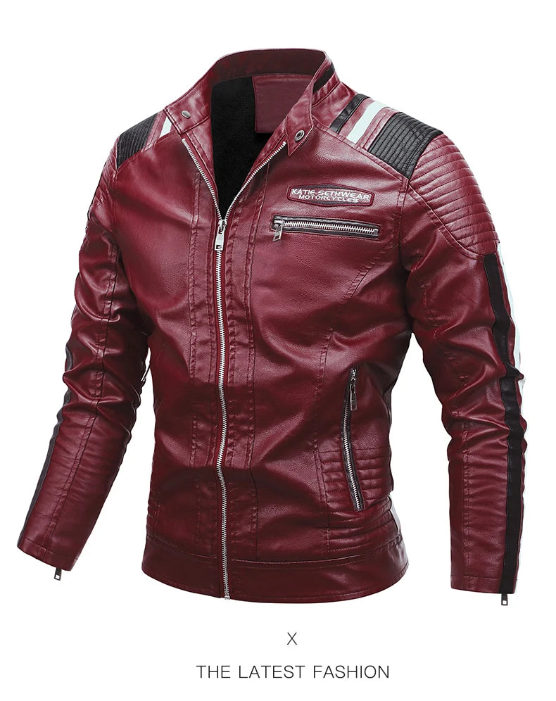 2023 Men Autumn Jacket Bomber Biker Zipper Motorcycle Faux Fur Coat Male Fleece Pilot Vintage Black Red Brown PU Leather Jacket