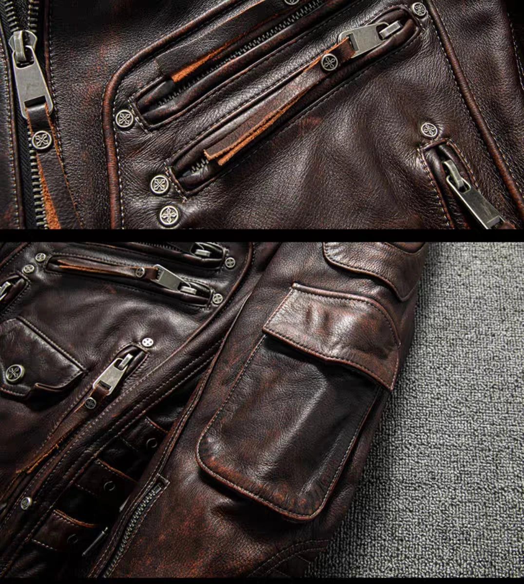 Top Layer Cowhide Leather Jacket Retro Brown Calfskin Motorcycle Suit Men's Slim Heavy Industry Leather Motorcycle Riding Jacket