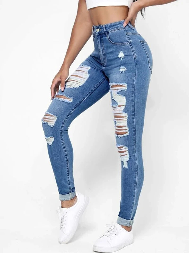 Ripped Holes Casual Skinny Jeans Autumn, Slash Pockets Distressed Single-Breasted Button Mid Waist Denim Pants