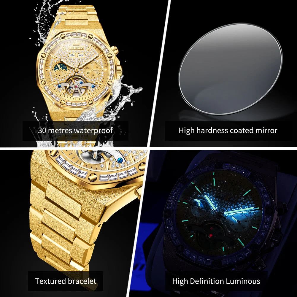 OLEVS Diamond Automatic Men's Watches Sanding Steel Strap Skeleton Flywheel Mechanical Wristwatch Moon phase Chrono Luxury Watch