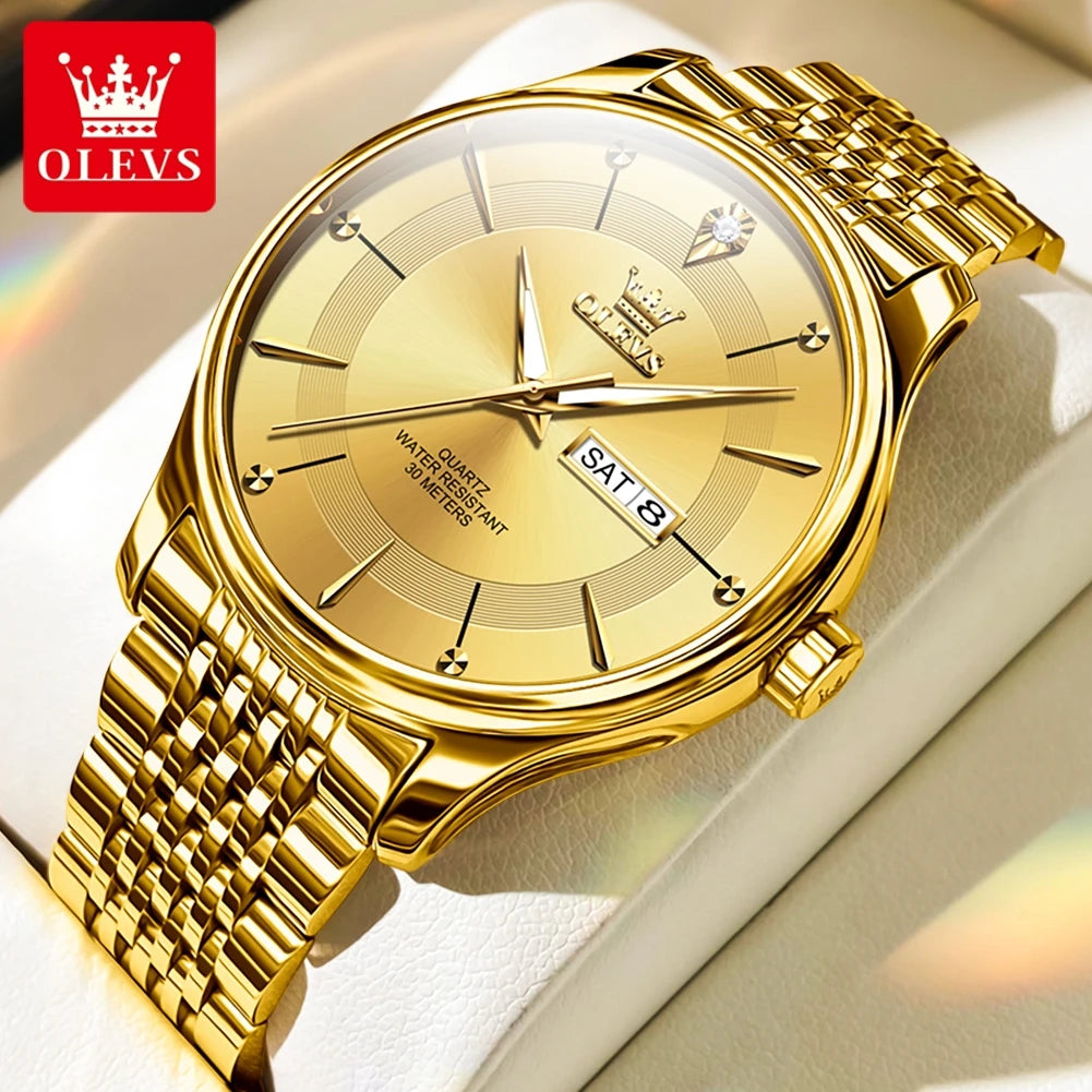 OLEVS Gold Uhr für Männer Original Quarz Uhr Luxus Elegante Woche Datum Leuchtende Wasserdicht edelstahl herren Uhren Trend