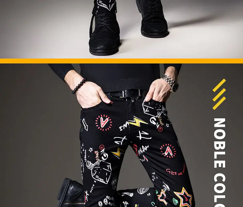 Luxury Mens Denim Pants Hip Hop Graffiti Print Jeans Designer Slim Fit Trendy Black Jeans Stretch Cowboy Cotton Trousers for Men