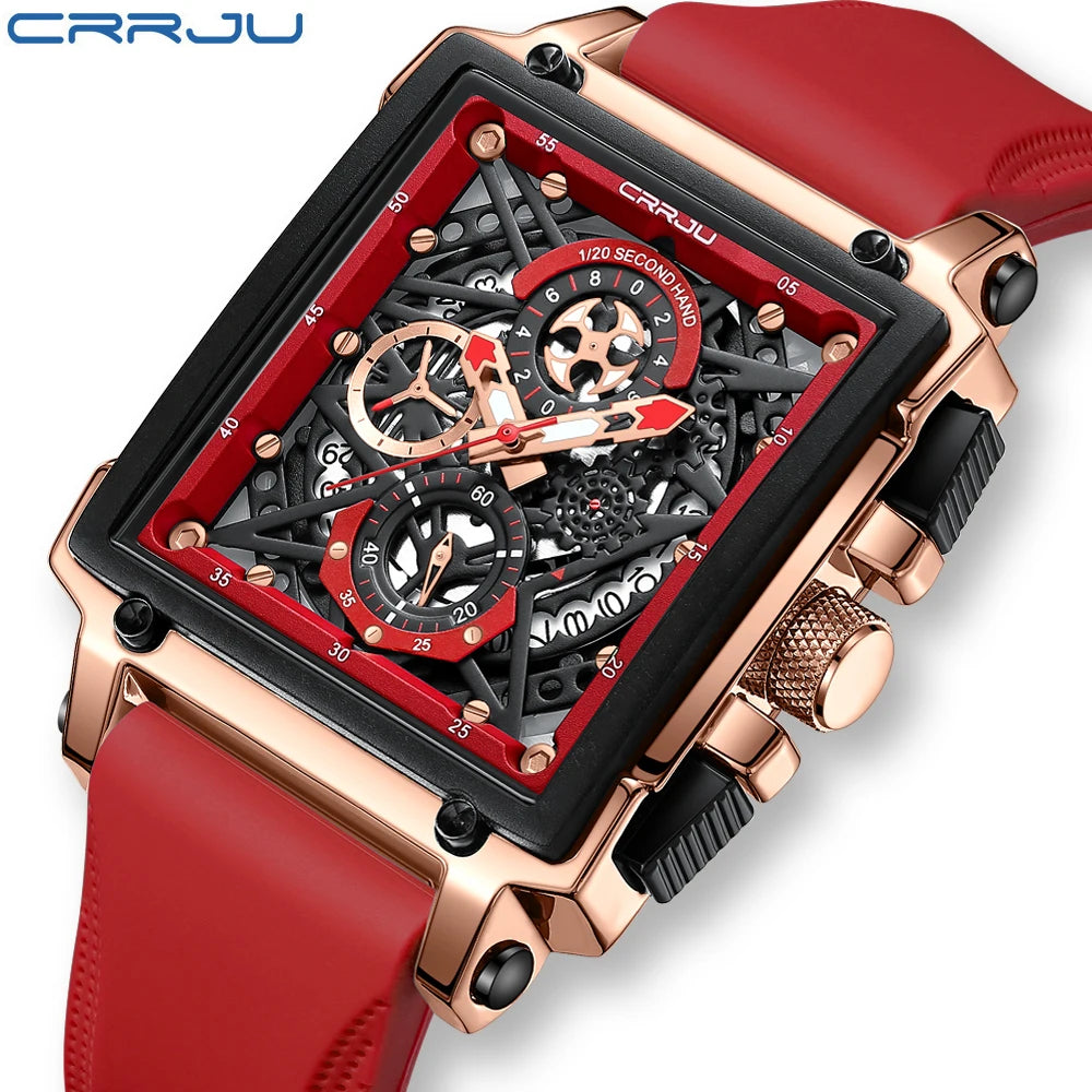 CRRJU Fashion Sports Watches with Large Dial Unique RectangularHollow Design Quartz Wristwatches with Chrongraph Auto Date