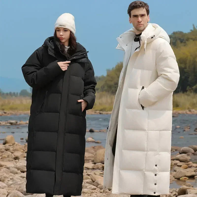 Light Luxury Goose Down Jacket Men's Women's Winter Fashion Hooded Long Over-the-Knee Parka Casual Windproof Male Down Jacket