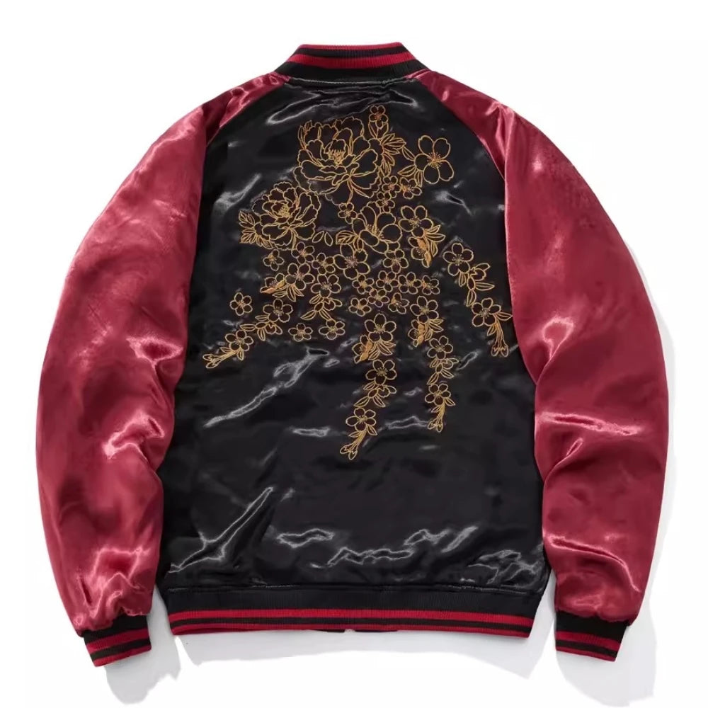 New Red Black Reversible double-sided High Street Dragon Sakura Embroidered Sukajan Souvenir Jacket Streetwear Vintage Coats