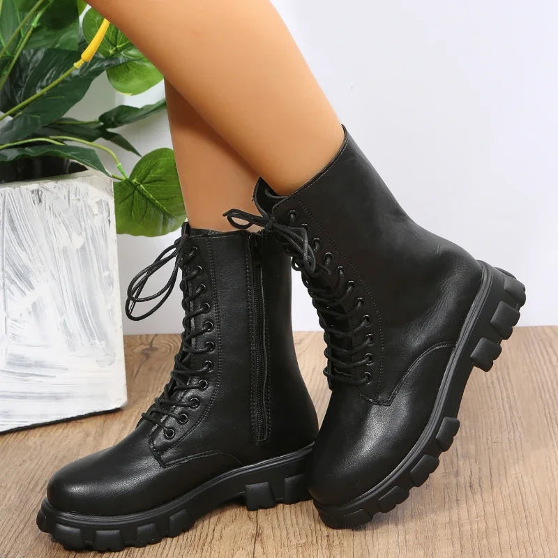 Boots Women 2022 Autumn Winter PU Leather White Ankle Boots Motorcycle Botines Female Chunky Heels Platform Boots Botas Mujer