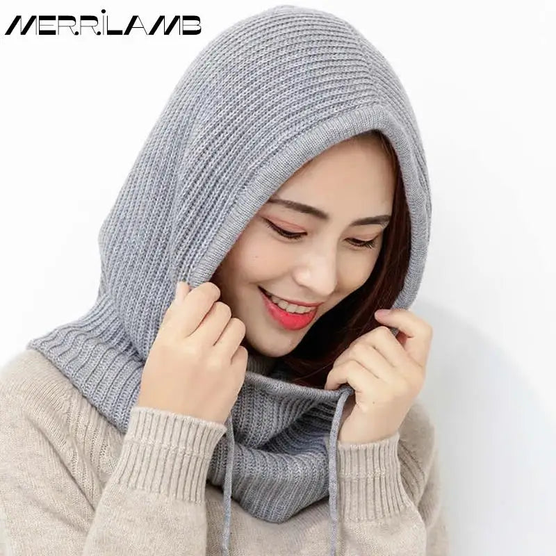 Women Cashmere Wool Hats Bib One Female Winter Thick Knitted Skullies Version Cap Earmuffs Collar Soft Warm Beanies Hooded Scarf