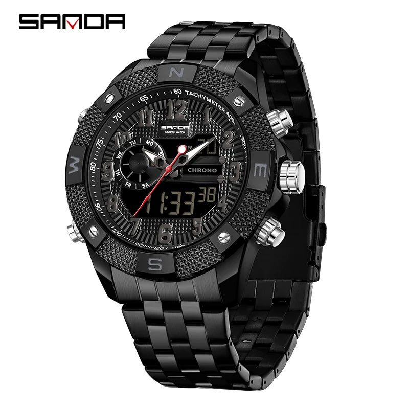 SANDA Top Men Quartz Watch Military Sport Waterproof Wristwatch LED Digital Clock Stainless Steel Quartz Watches Men Relogios