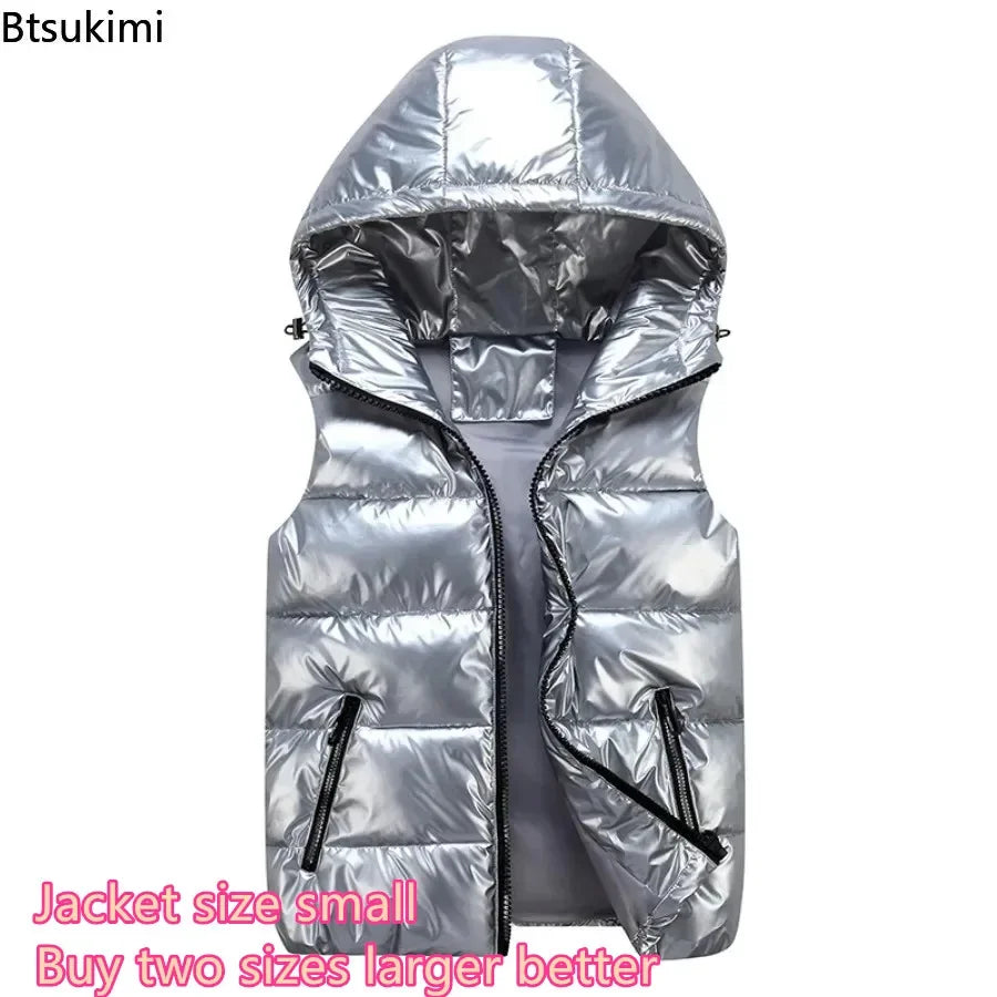 New Men's Hooded Vest Coats Fashion Glossy Waterproof Design Couple Down Cotton Lightweight Casual Waistcoat Male Parkas Vests