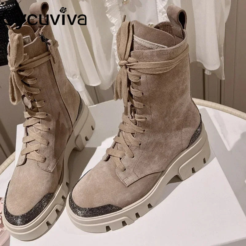 Autumn New Thick Sole Platform Chelsea Boots Women Rice White Suede Lace Up Mid Calf Short Boots Chunky Flat Heel Knight Boots