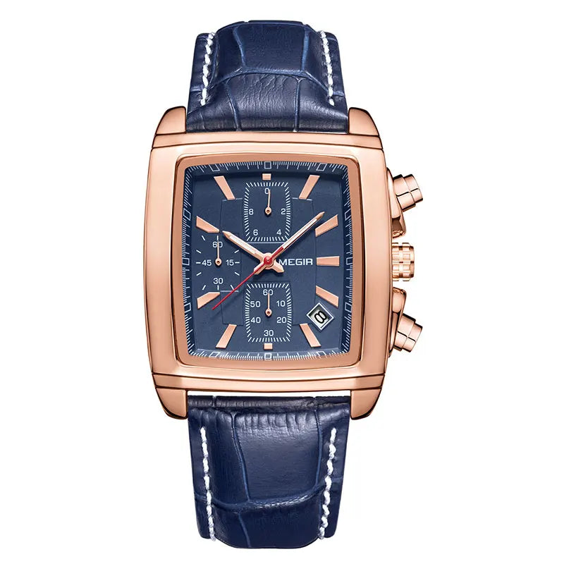 Megir Rectangle Dial Leather Strap Watch for Men Casual Blue chronograph quartz watches Man Wristwatch montre reloj часы мужские