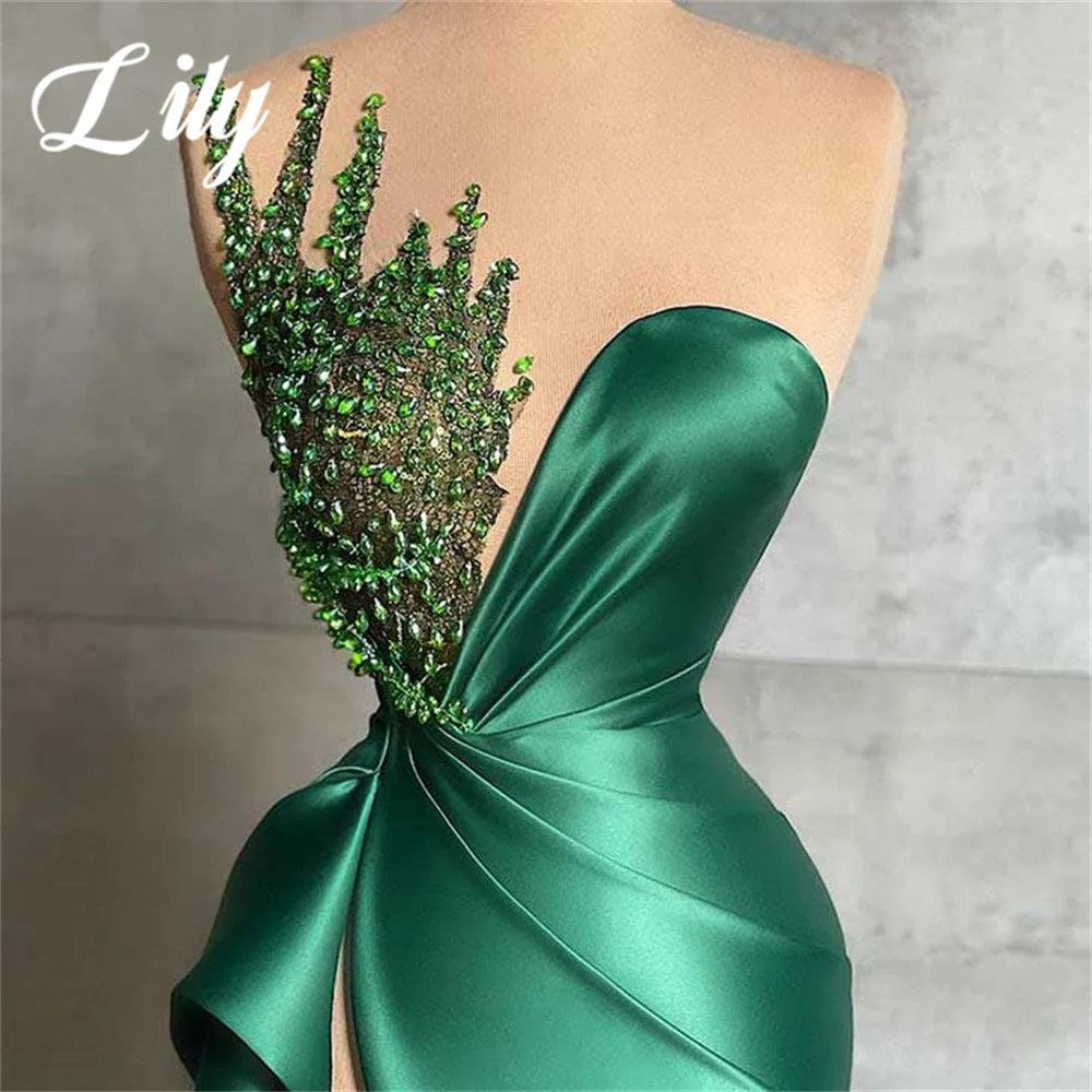 Lily Green Evening Gown Trumpet Sequins Prom Dress Pleat Sleeveless Sweetheart Evening Dresses with High Split robes de soirée