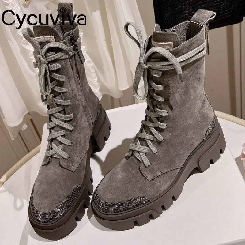 Autumn New Thick Sole Platform Chelsea Boots Women Rice White Suede Lace Up Mid Calf Short Boots Chunky Flat Heel Knight Boots