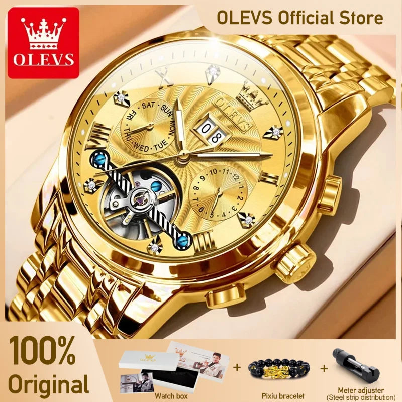 OLEVS Luxury Watches For Men Automatic Watch Waterproof Stainless Steel Mechanical Watches Gift Box Luminous Male Wristwatch