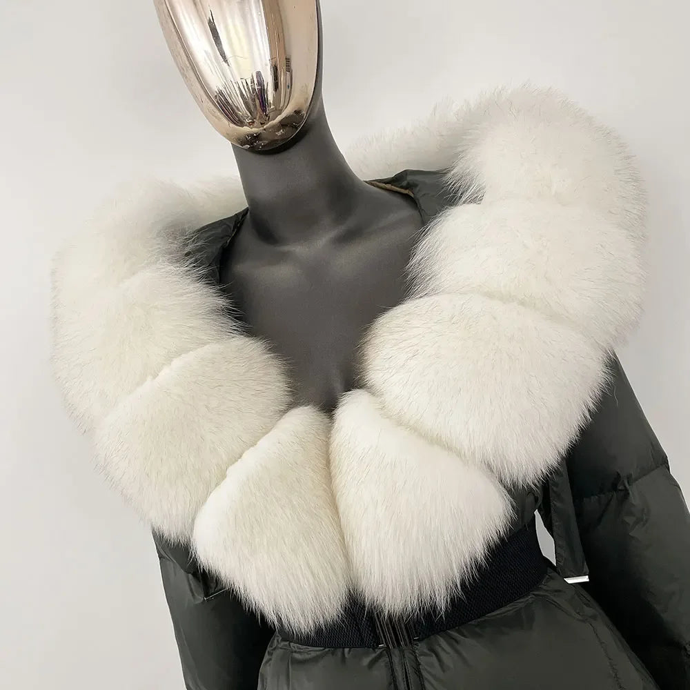 CXFS 2024 Winter Jacket Women Real Natural Fox Fur Collar Hooded Thick Warm 90% White Duck Down Coat Female Streetwear Casual