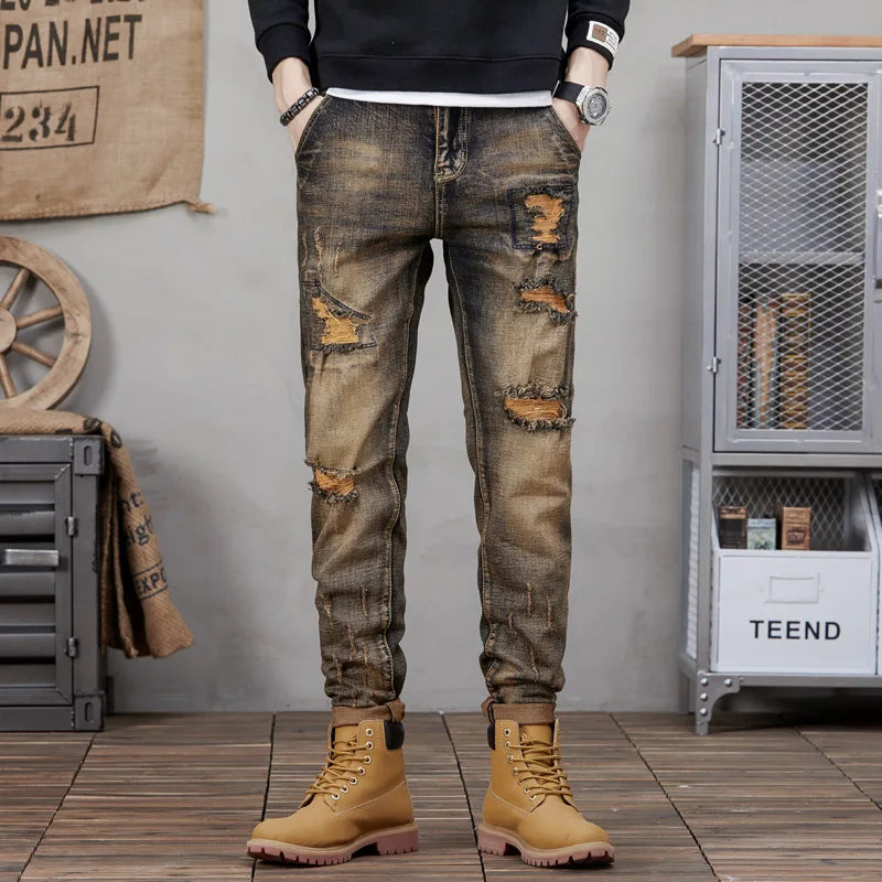 2021 European Style Men Black Jeans Spring Autumn Digital Printing Cotton Pants Men's Slim Fashion Stretch Casual Denim Trousers