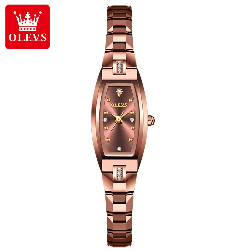 OLEVS Slim Thin Watch for Women Luxury Tungsten Steel Band Tonneau Design Square Shape Elegant Diamond Quartz Ladies Watch