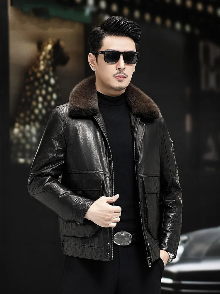 Winter Men Cowhide Genuine Leather Down Jacket Faux Mink Fur Collar Slim Fit Thick Warm Coat Moto Biker White Duck Down Overcoat