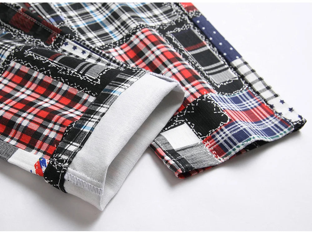 Men Plaid Digital Print Jeans Fashion Patches Patchwork Stretch Denim Pants Slim Straight Trousers