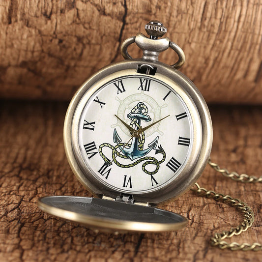 Vintage Copper Pocket Watch Men Anchor Souvenir Gift with 80cm Necklace Chain Classic Design Quartz Best Gift Clock Male Child