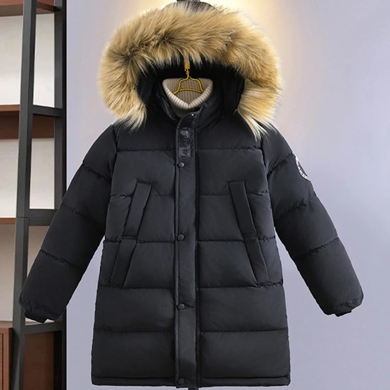 New Thicken Winter Boys Jacket Fur Collar Fashion Keep Warm Kids Jacket Hooded Zipper 5-12 Years Children Outerwear Clothing